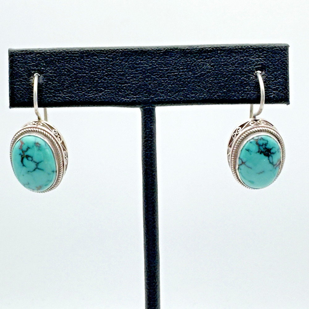 Vintage Sterling Silver Blue Stone Earrings Filigree Dangle 1"
